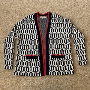 Boden Jacquard Cardigan Red White Navy Black Geometric